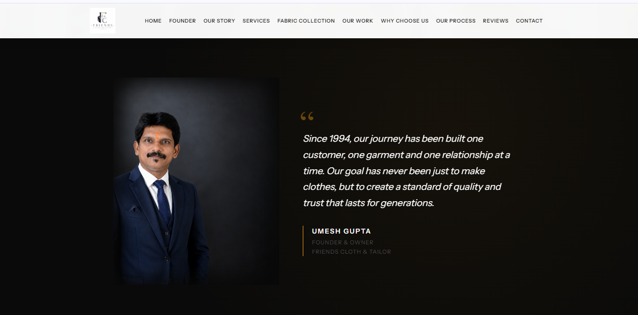 Umesh Gupta, founder of Friends Clothes and Tailor, wearing a navy three-piece suit