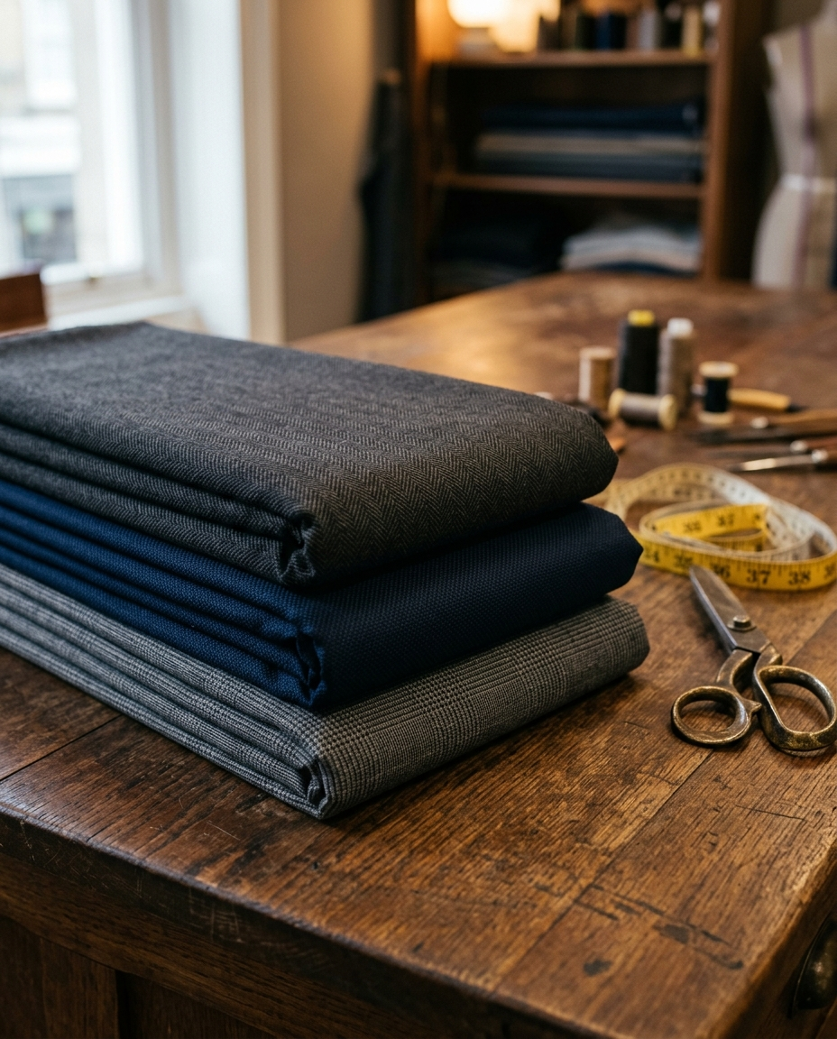 Folded grey and navy fabrics with tailoring scissors and a measuring tape on a wooden table